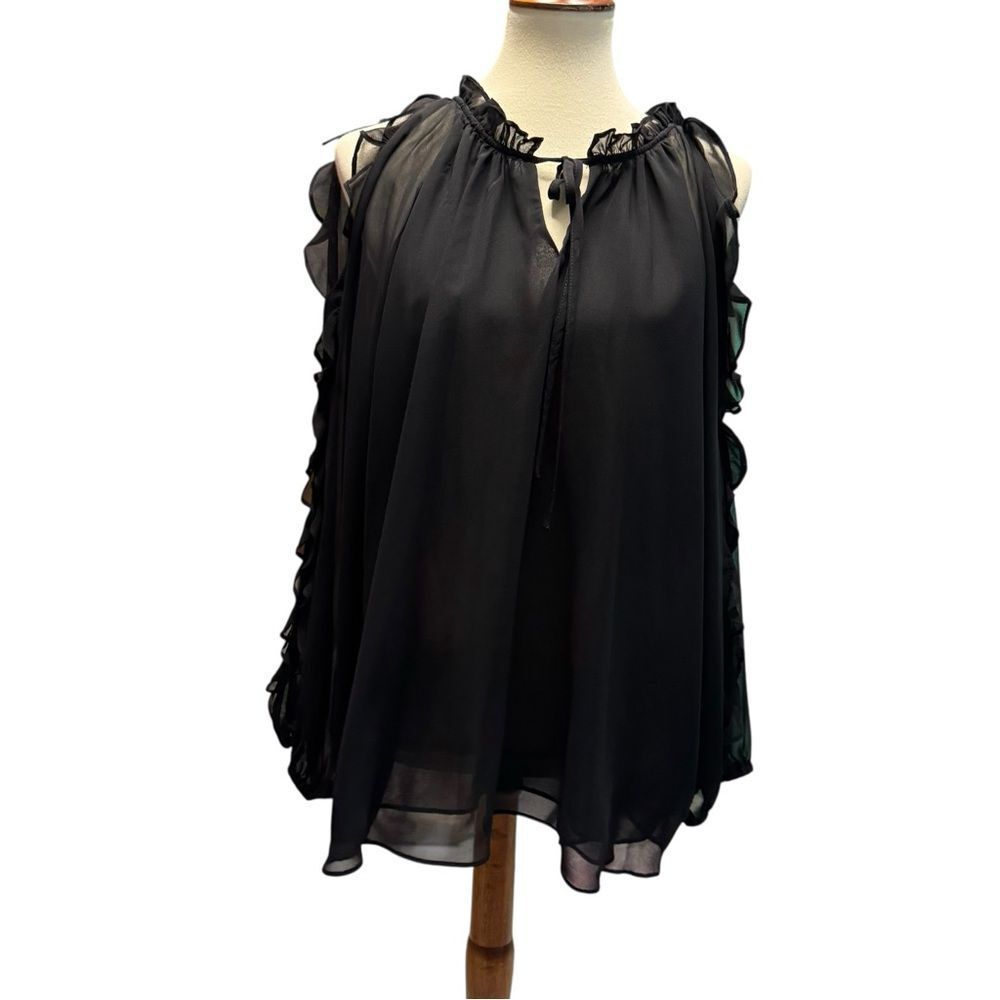 1. State Rich Black BRIGHT SKIES Cold Shoulder Ruffle Blouse